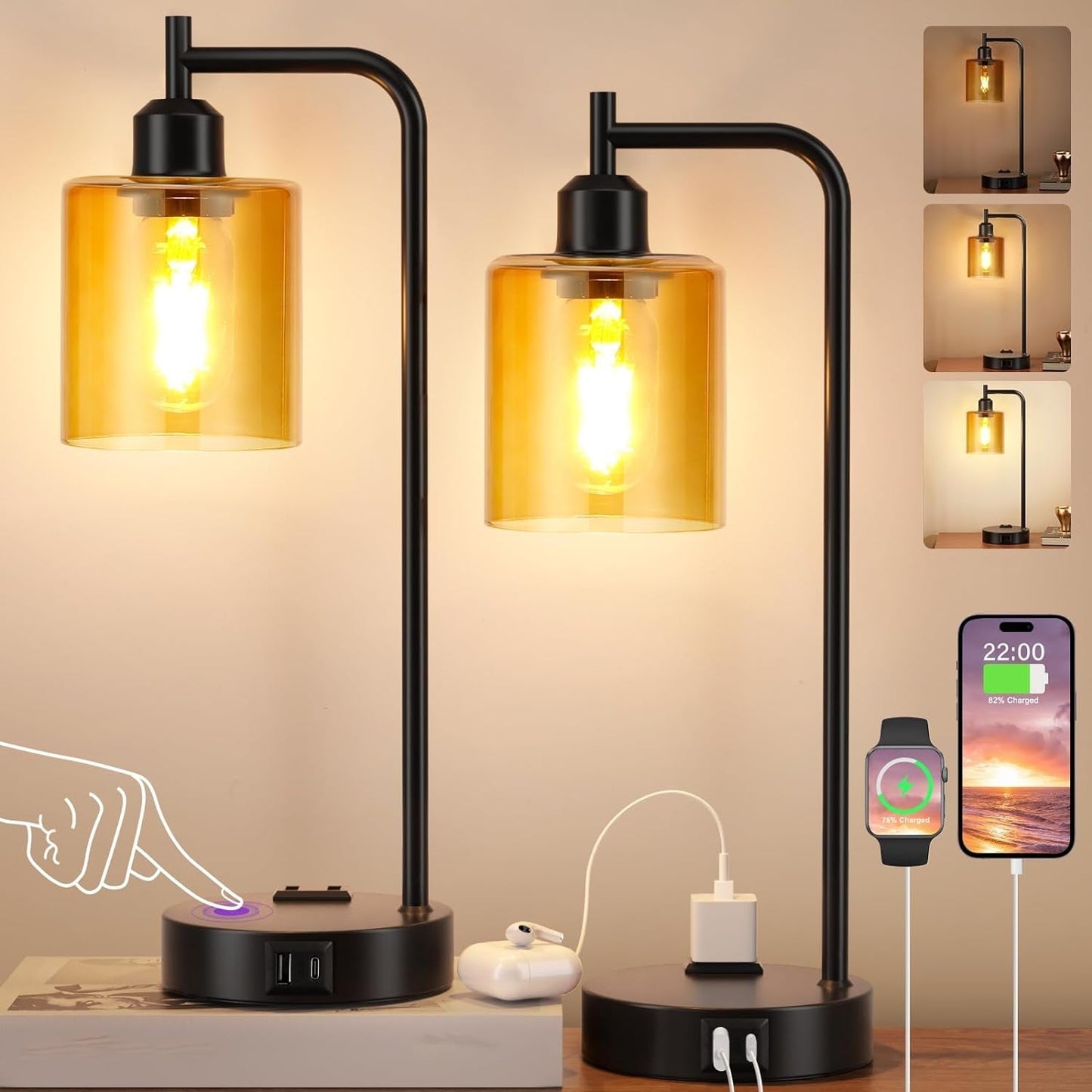 Industrial Touch Nightstand Lamps for Bedrooms Set of 2 - 3-Way