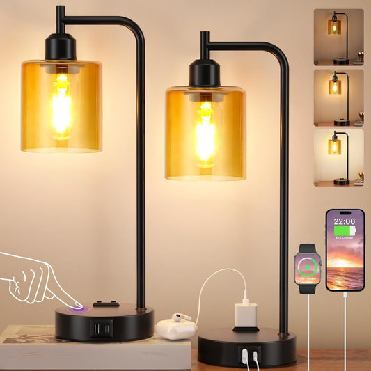 Industrial Touch Nightstand Lamps for Bedrooms Set of 2 - 3-Way