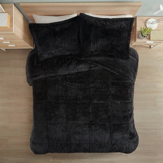 Full/Queen Black Soft Sherpa Faux Fur 3-Piece Comforter Set with