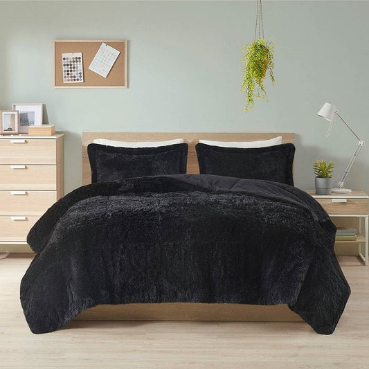 King/CAL King Black Soft Sherpa Faux Fur 3-Piece Comforter Set with